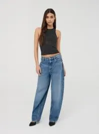 Top con strass e scollo americano Nero