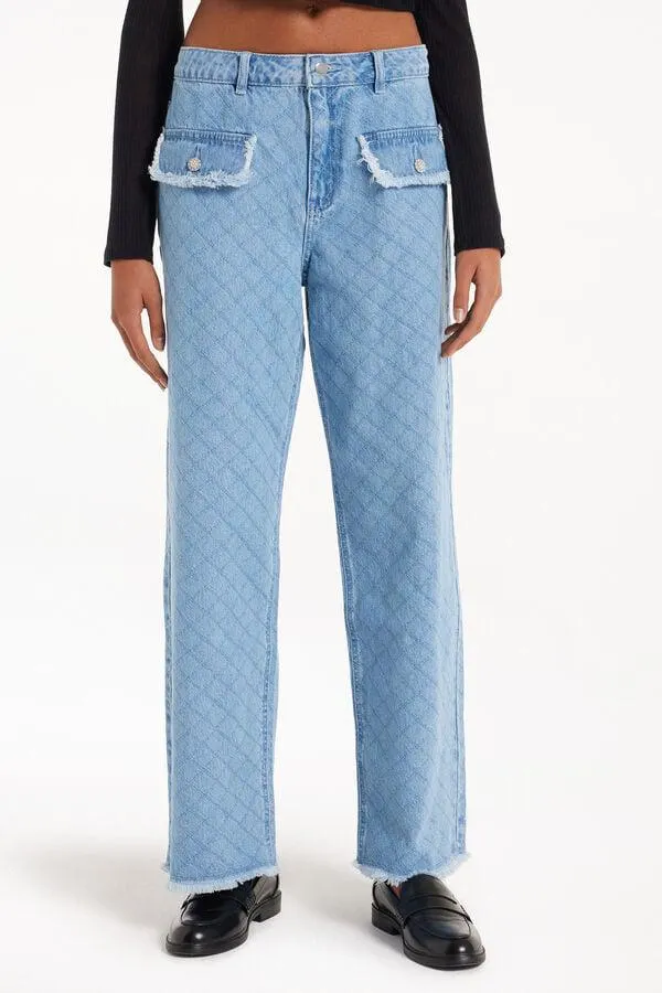 Jeans Lunghi Ampi in Denim Effetto Matelassé