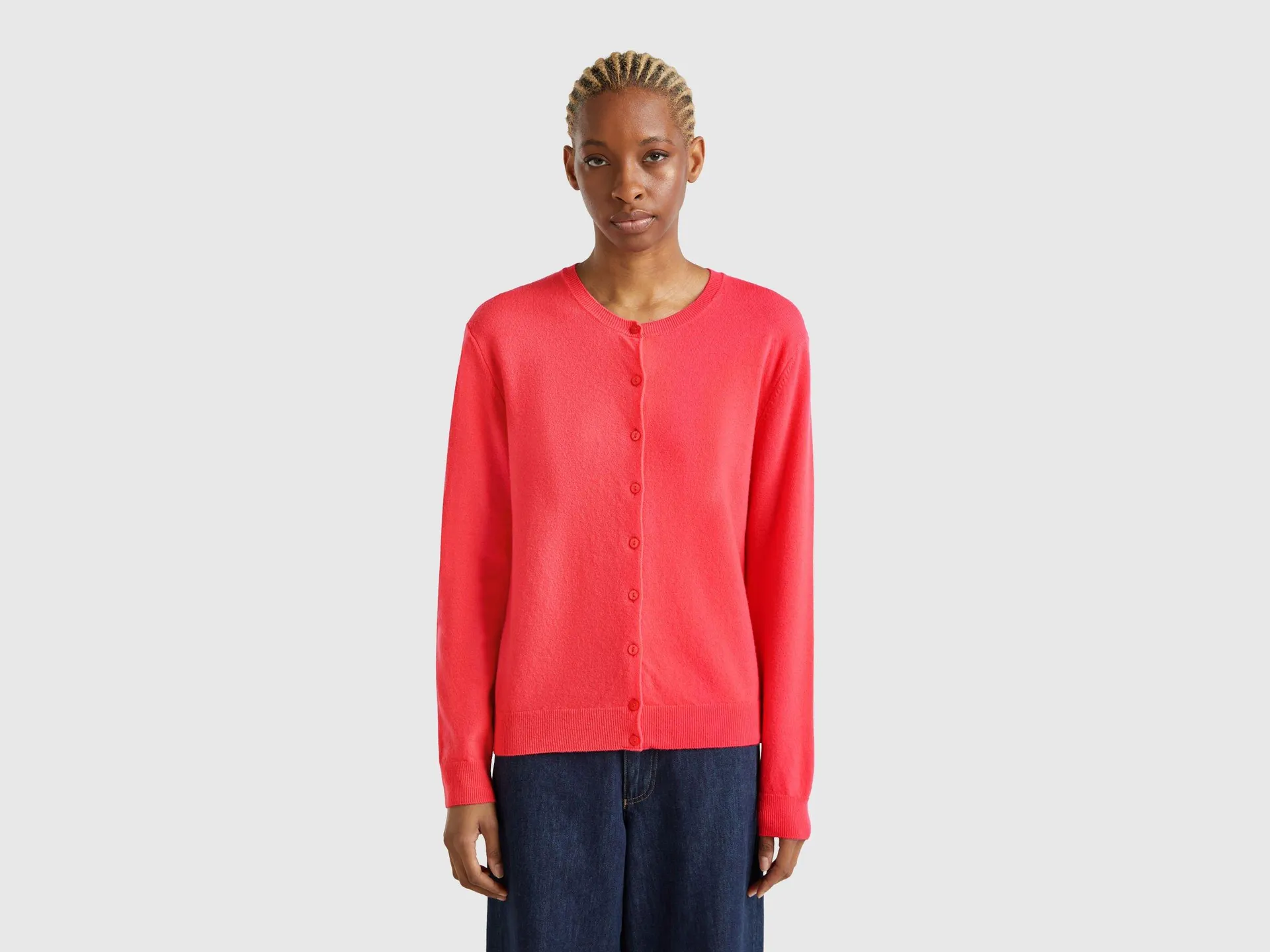 Cardigan girocollo ciclamino in pura lana Merino