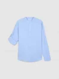 Camicia coreana in misto lino con maniche roll-up Celeste