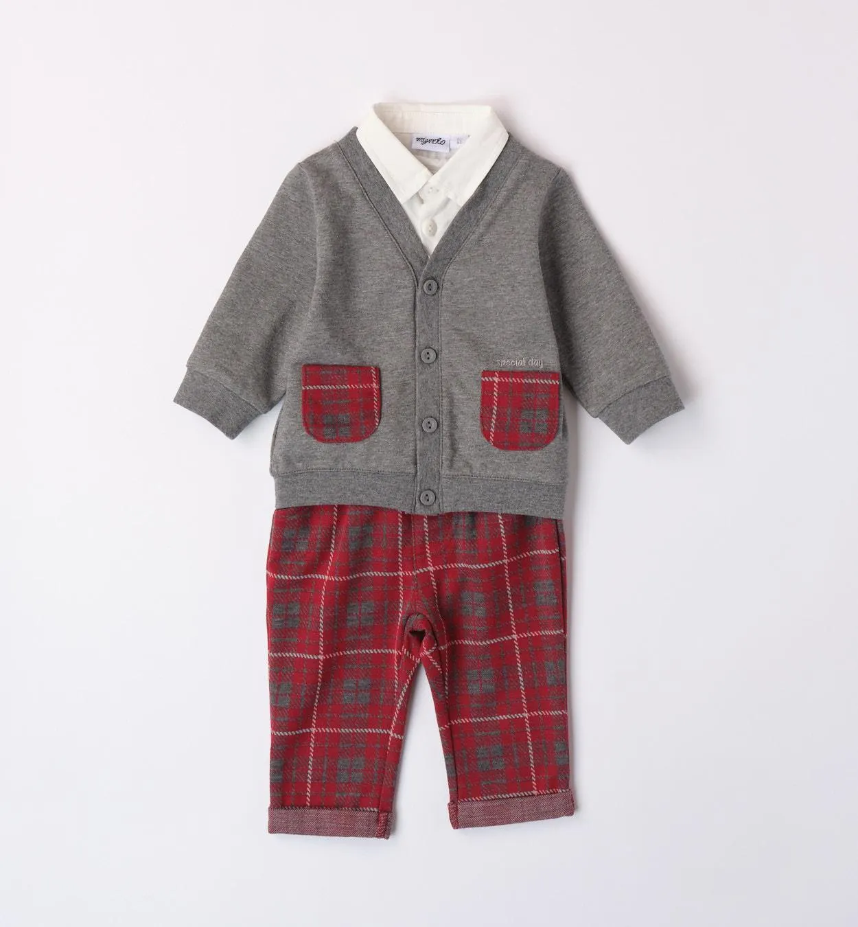 Mignolo completo ml scozzese rosso con cardigan grigio