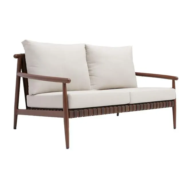 Divano da giardino con cuscino beige e braccioli Retro NATERIAL da 2 posti, struttura in alluminio marrone seduta in alluminio beige, L 148 x H 70 x P 86 cm