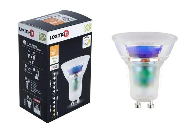 Lampadina LED, GU10 faretto, trasparente, cct, 5W= 330 LM (equiv 50 W), 100°, LEXMAN