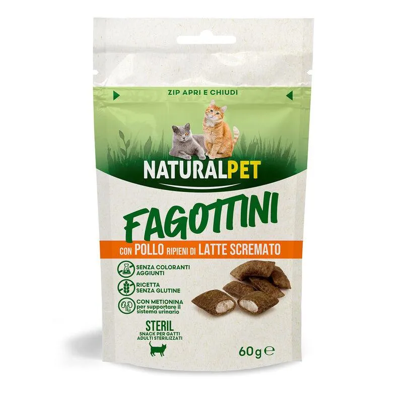 Naturalpet Snack Cat Sterilised Fagottini con Manzo ripieni di Latte scremato 60gr