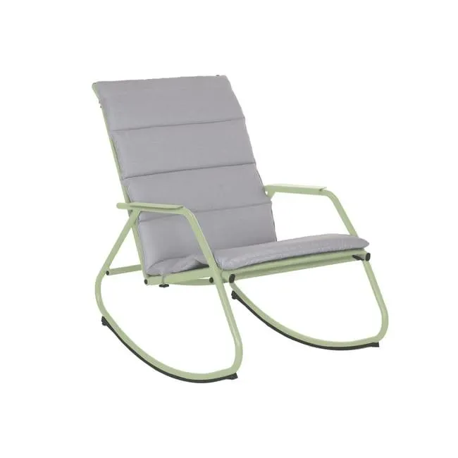 Sedia a dondolo da giardino con cuscino grigio e braccioli Lyco NATERIAL struttura in acciaio, seduta in textilene verde