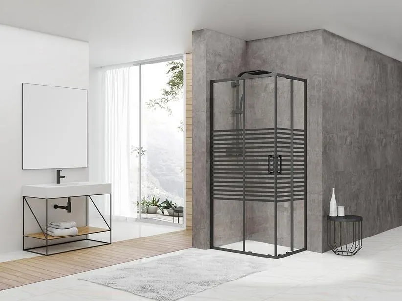 Box Doccia Angolare Arek 70x90 H190 Porte Scorrevoli Cristallo 6 mm Trasparente Serigrafato Nero Opaco