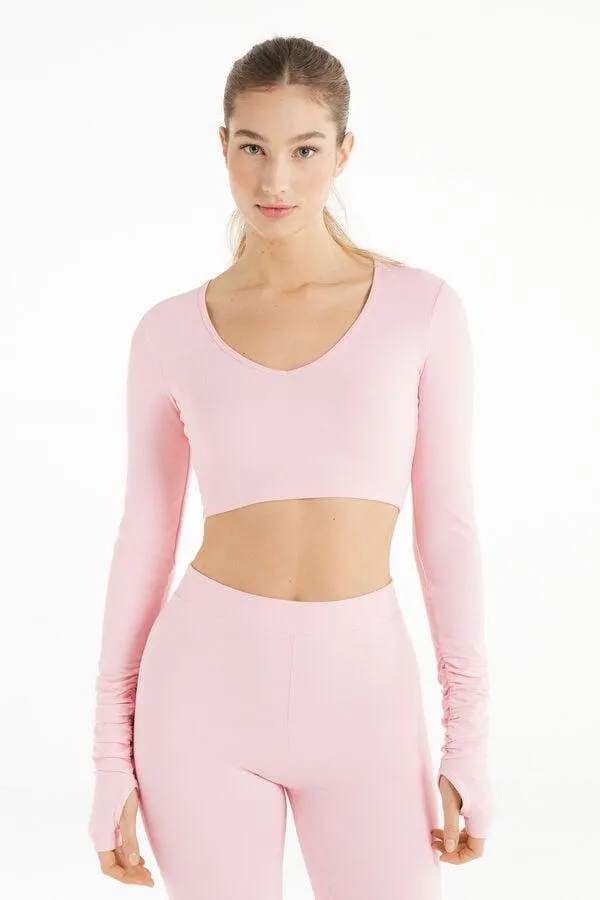 Top Corto Scollo a Cuore Maniche Lunghe in Microfibra Morbida