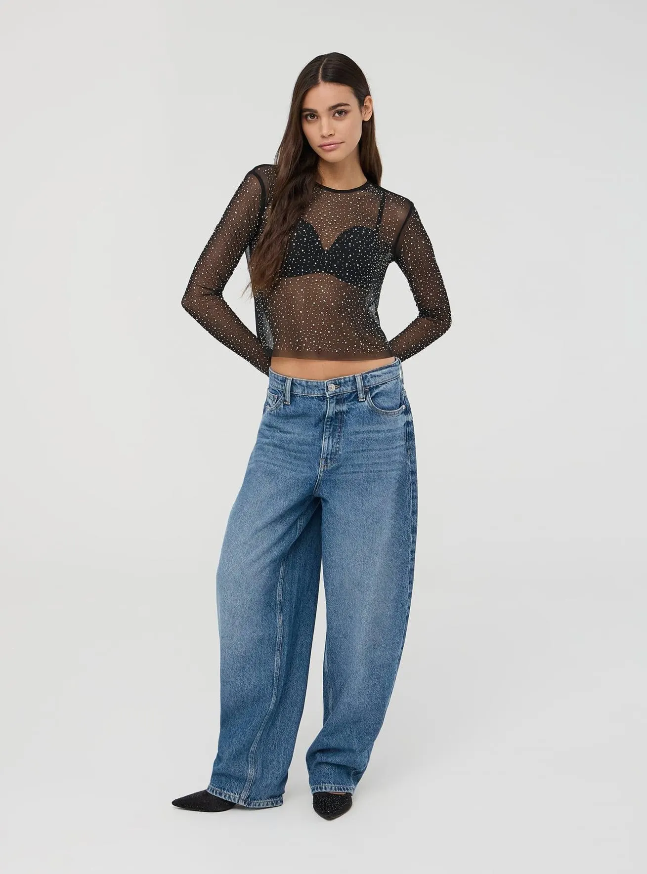 Maglia in tulle con strass Nero