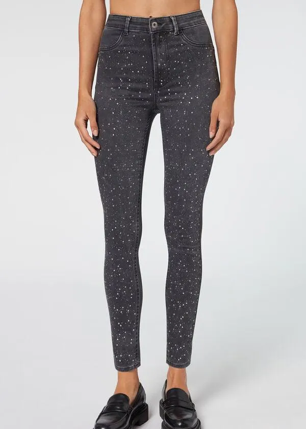 Jeans Push Up Skinny con Strass e Borchiette