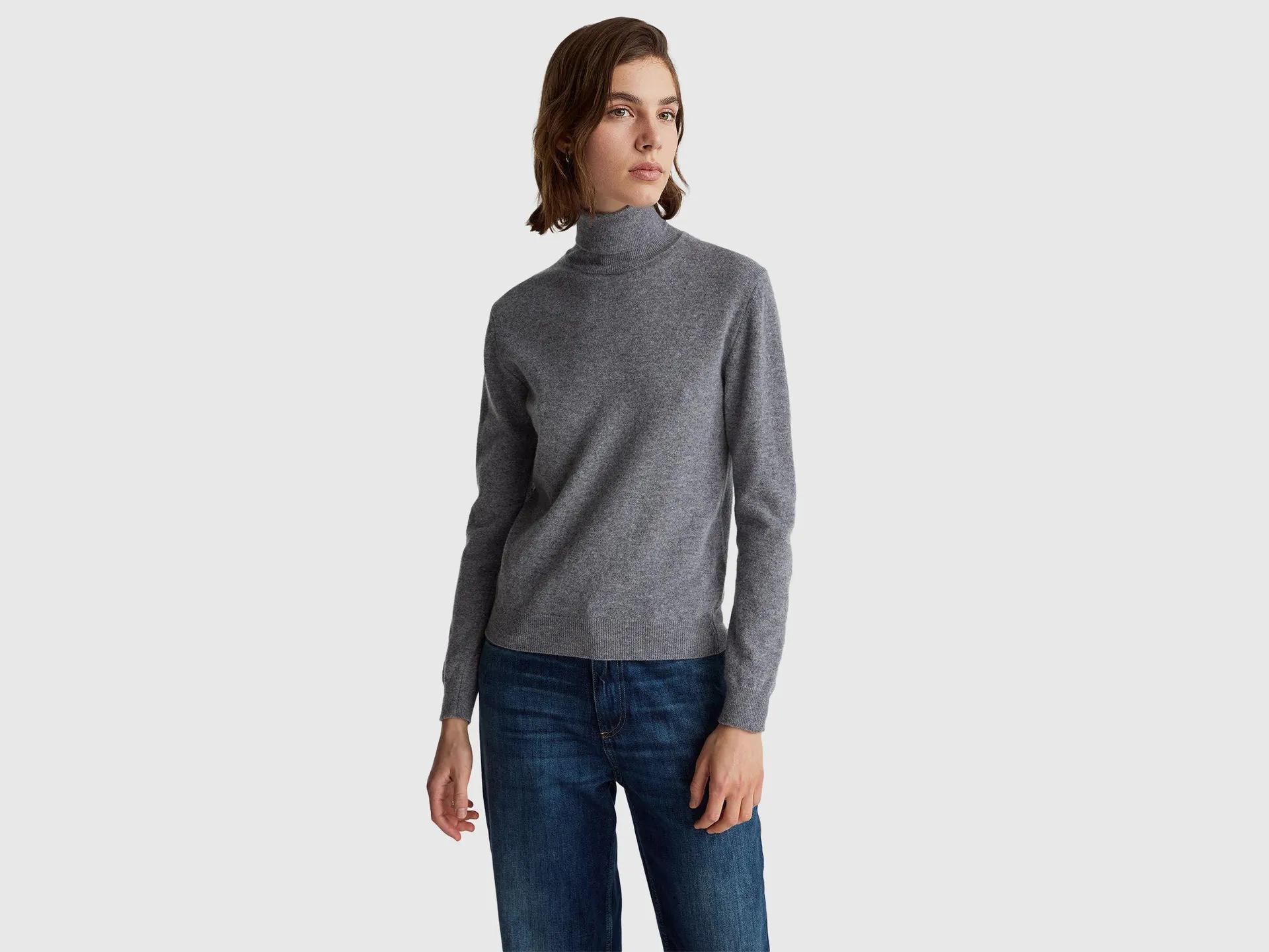 Maglione dolcevita grigio topo in pura lana Merino