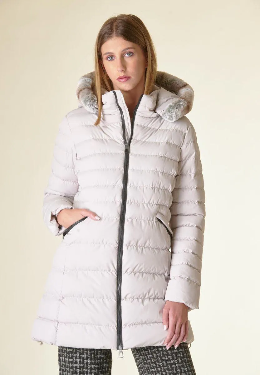 Piumino lungo ghiaccio cappuccio bordo ecopelliccia