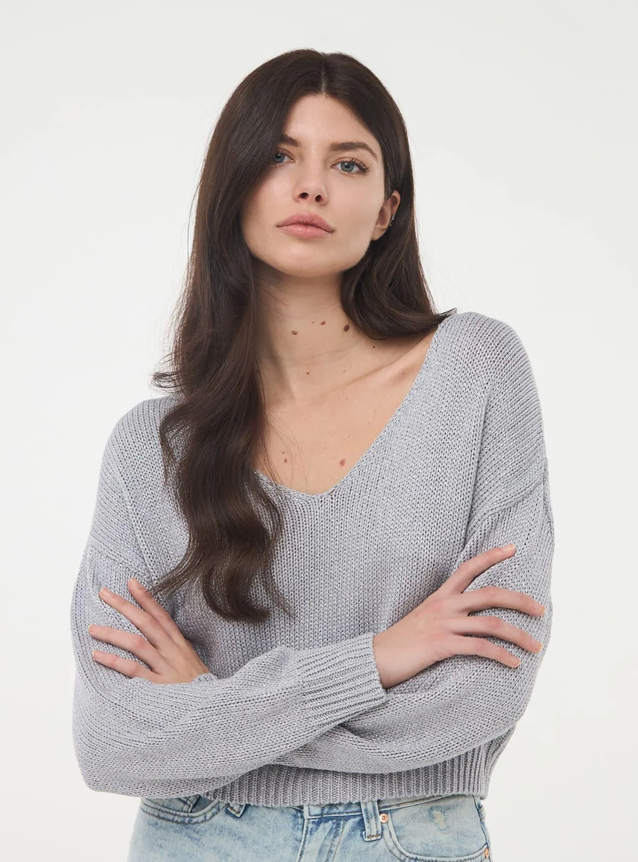 Maglia scollo a v lurex Argento