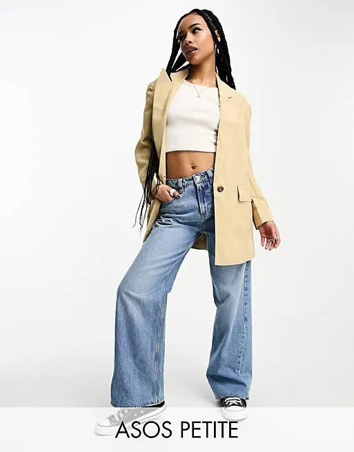 ASOS DESIGN Petite - Perfect - Blazer taglio lungo color pietra