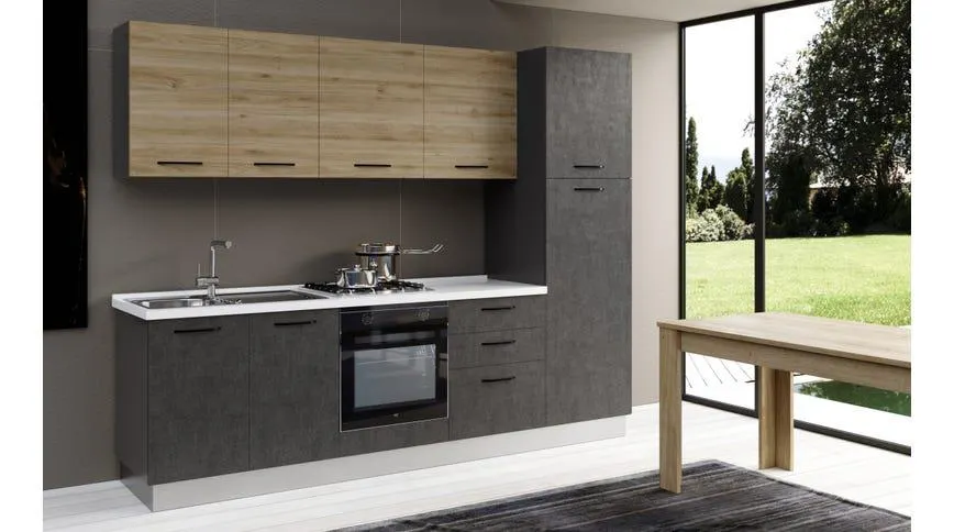 Gilda cucina 270 cm colore cemento scuro e rovere cadiz