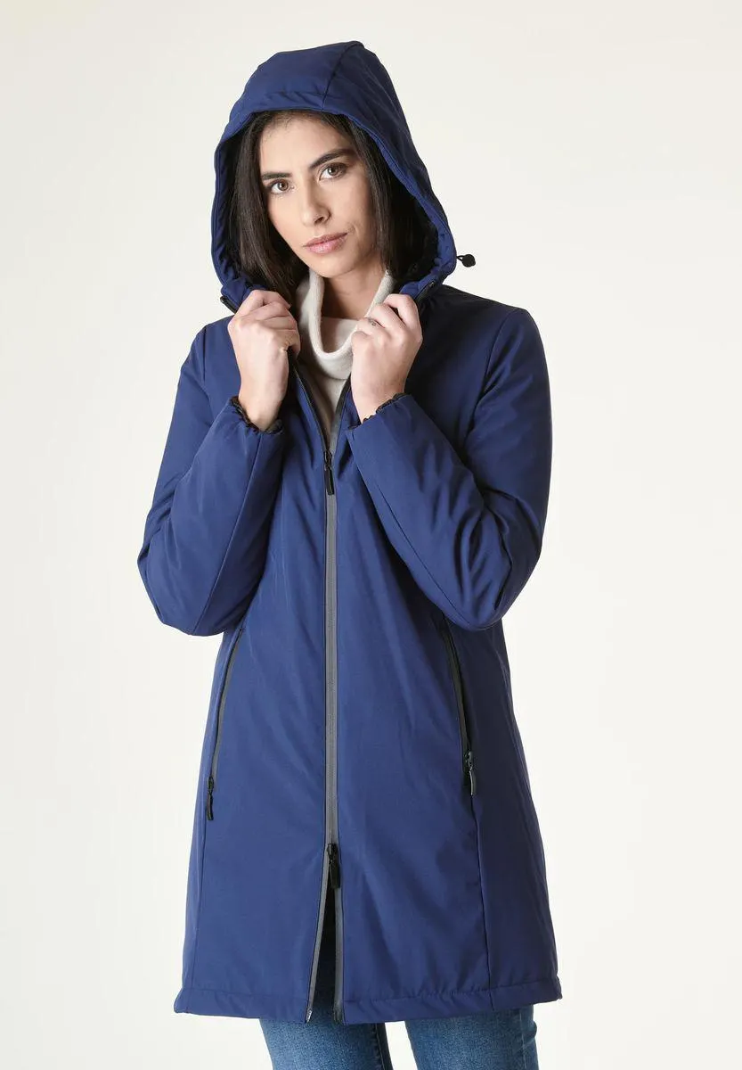 Piumino blu liscio lungo cappuccio