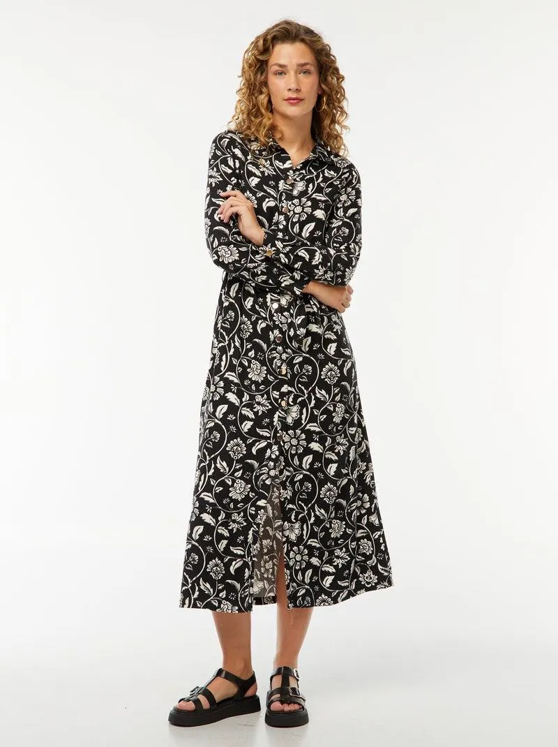 Chemisier lungo stampato con cintura - Nero