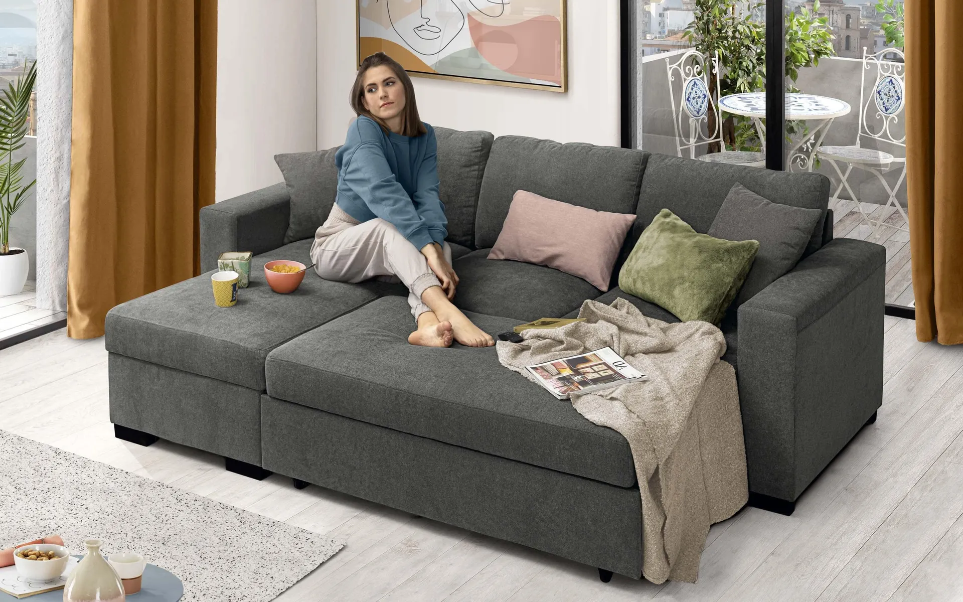 Divano letto angolare con penisola reversibile contenitore - meccanismo estraibile