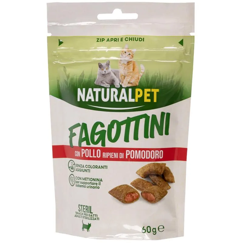 Naturalpet Cat Adult Sterilized Snacks Fagottini con Pollo ripieni di pomodoro 60 gr