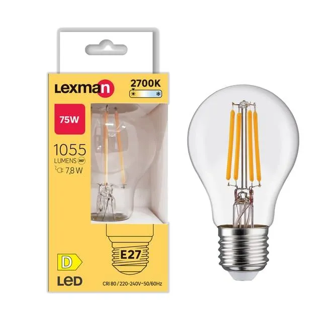 Lampadina LED filamento, E27 goccia, trasparente, luce calda, 7.8W= 1055 LM (equiv 75 W), 330°, LEXMAN