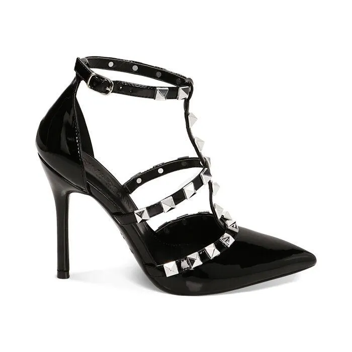 Décolleté borchiate nere in vernice, tacco 10,5 cm