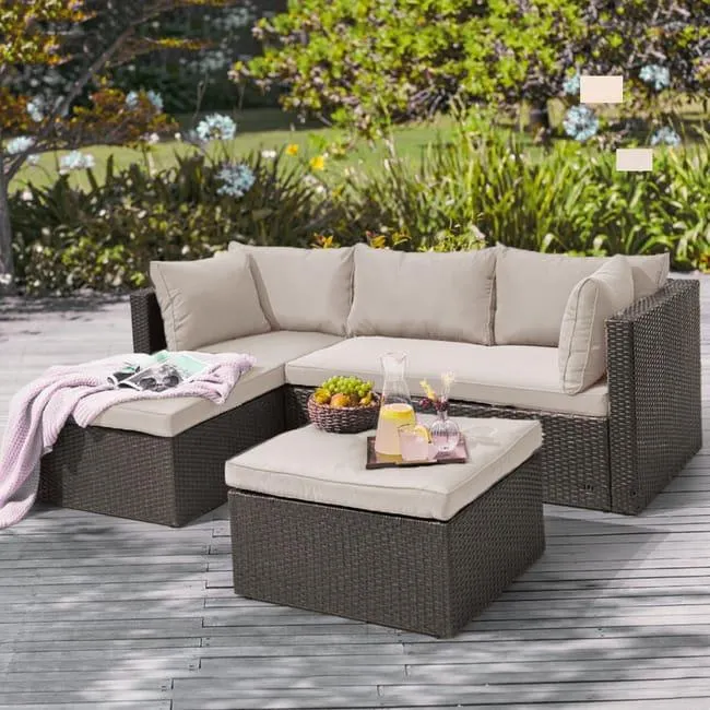 Set Salotto Divano in Polyrattan con Pouf Contenitore da Esterno Giardino Beige
