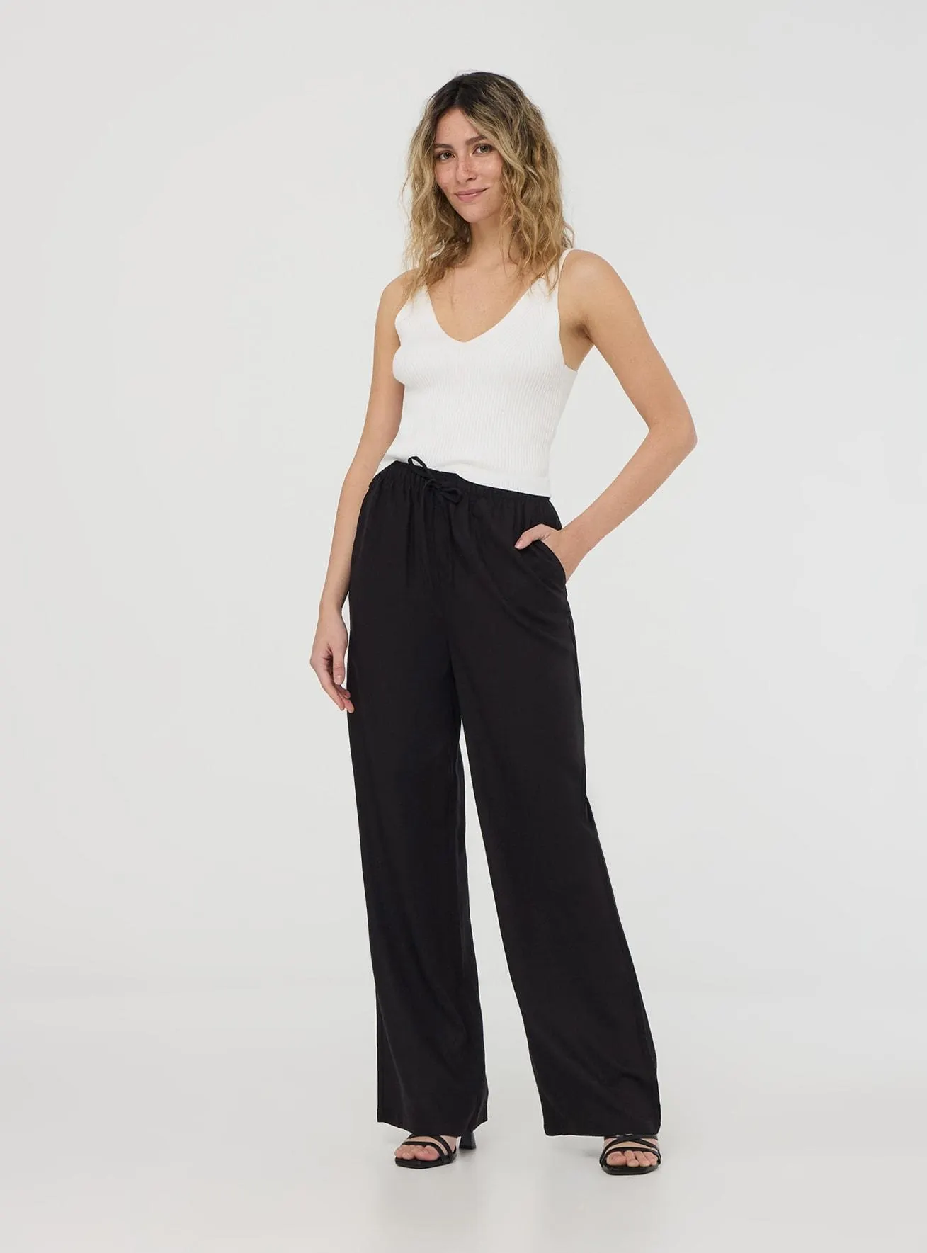 Pantaloni wide leg in misto lino con coulisse Nero