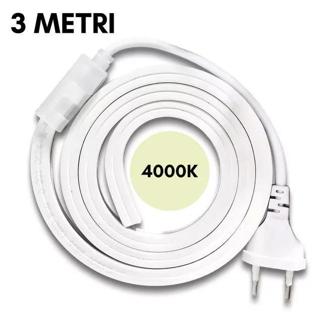 Striscia LED SMD 2835 120D Impermeabile IP65 220V per Profili da 10mm Flessibile Resistente potente per Interni ed Esterni BIANCO NATURALE 4000K 3MT