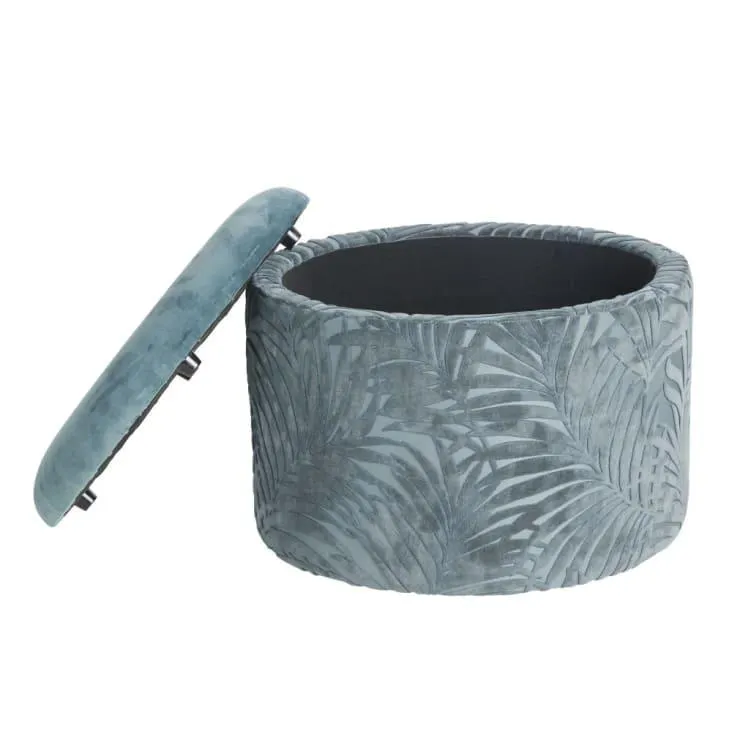 Pouf contenitore in velluto verde con motivo a foglie