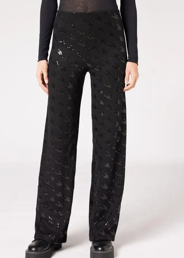 Leggings a Palazzo con Applicazioni di Paillettes