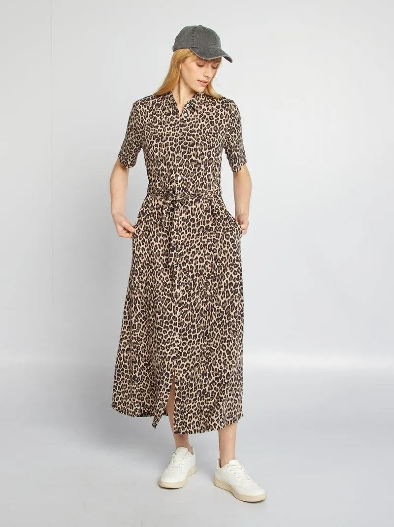 Vestito chemisier lungo con motivo - BEIGE