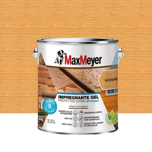 Impregnante per legno da esterno a base acqua MAXMEYER Gel rovere opaco 2.5 lt, 8 anni di protezione.