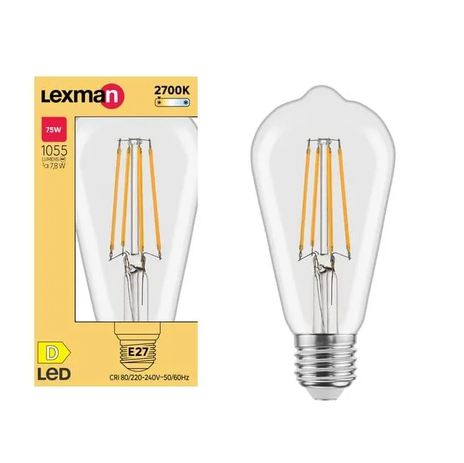 Lampadina LED filamento, E27 faretto, trasparente, luce calda, 7.8W= 1055 LM (equiv 75 W), 330°, LEXMAN