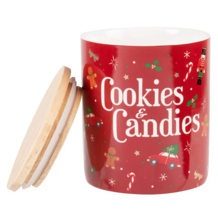 Barattolo per biscotti in porcellana con motivi natalizi rossi, dorati e verdi alt. 13 cm