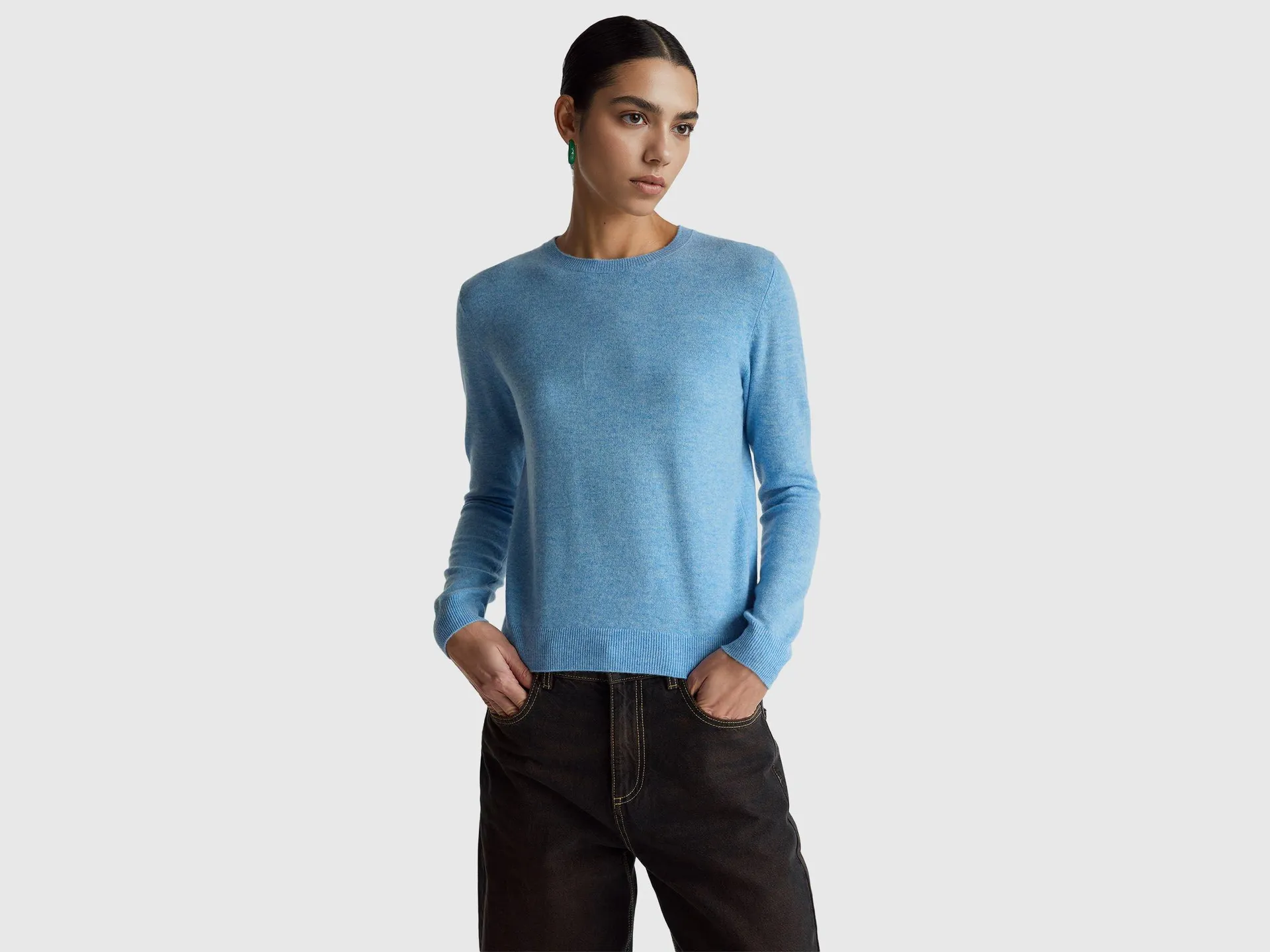 Maglia girocollo azzurro in lana Merino