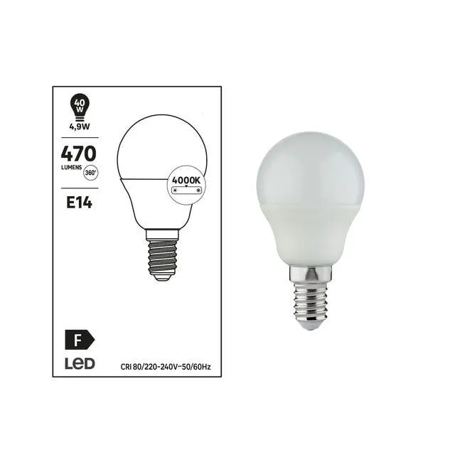 Lampadina LED, E14 sferico, trasparente, luce naturale, 4.9W= 470 LM (equiv 40 W), 240°