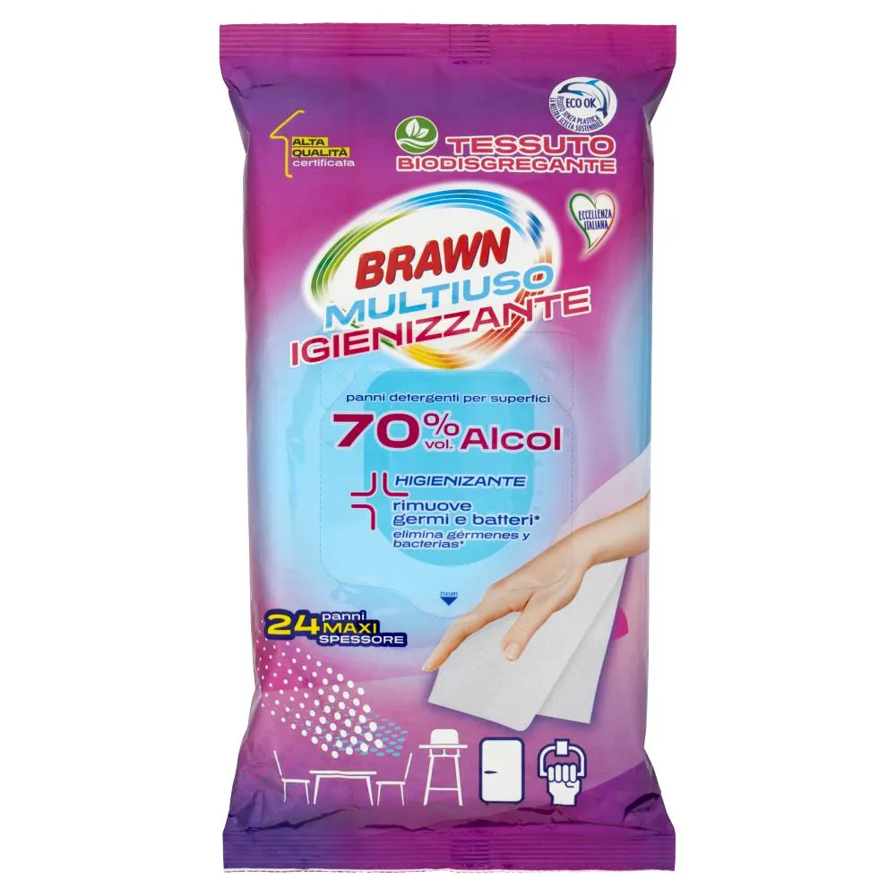 Brawn Multiuso Igienizzante panni detergenti per superfici 70% Vol. Alcol 24 pz