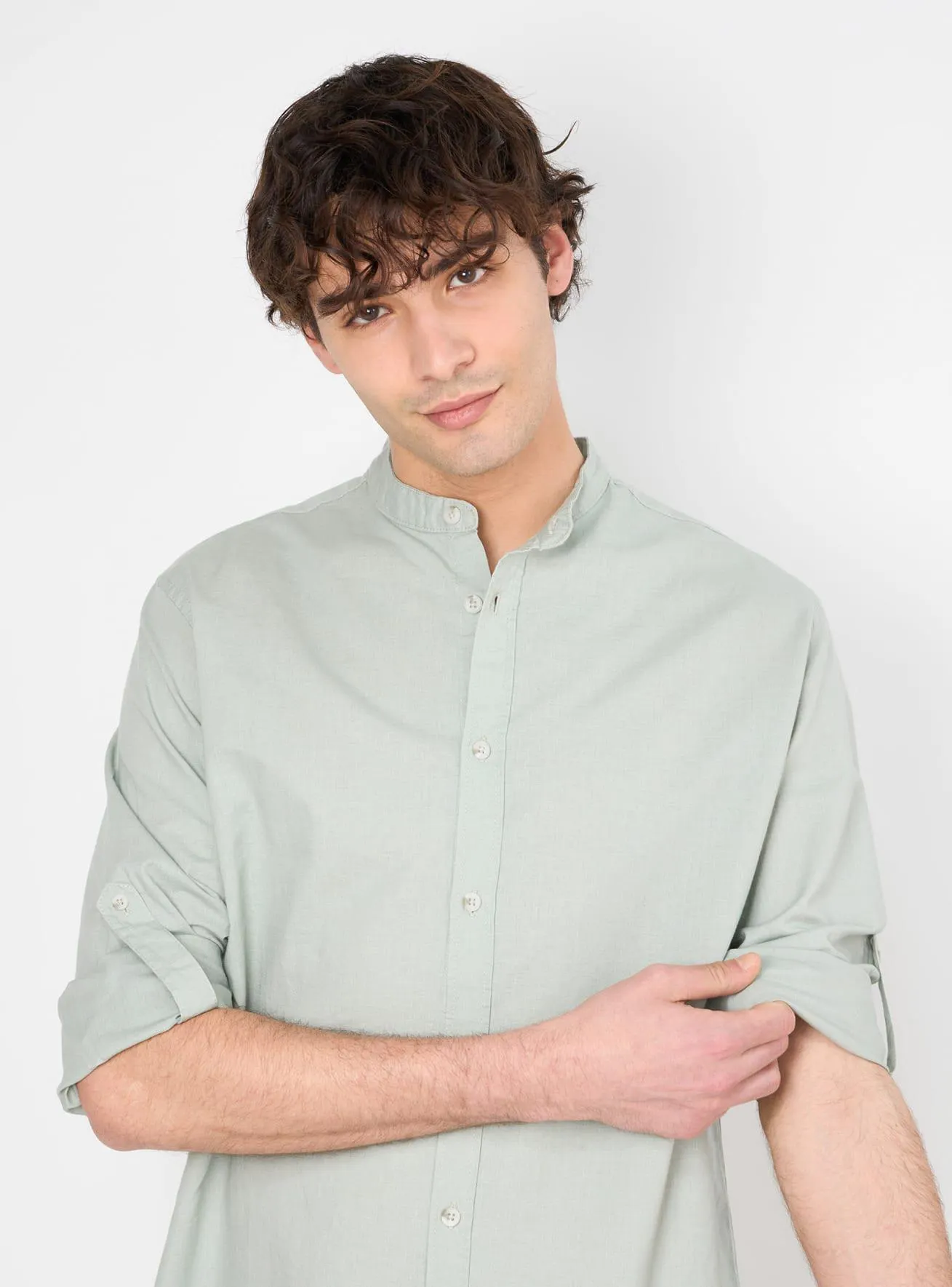 Camicia coreana misto lino a tinta unita Verde smeraldo