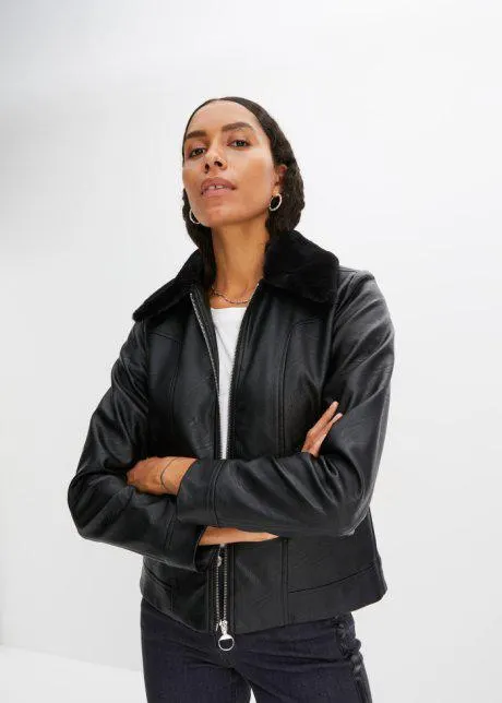 Giacca in similpelle con colletto in ecopelliccia