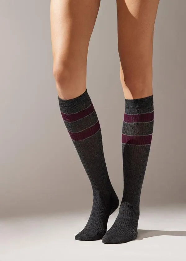 Calze Lunghe a Costine e Motivo Righe