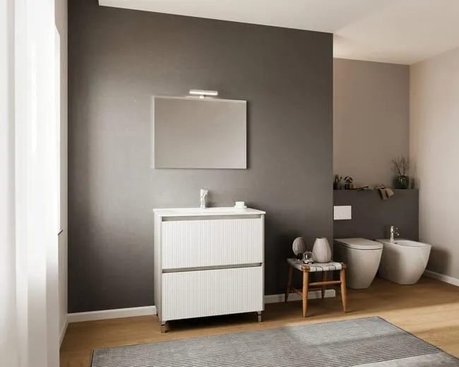 Mobile sottolavabo, lavabo e specchio con illuminazione Lisbona per vasca centrale bianco e grigio in mdf L 80.2 x H 73.5 x P 45.7 cm 2 cassetti