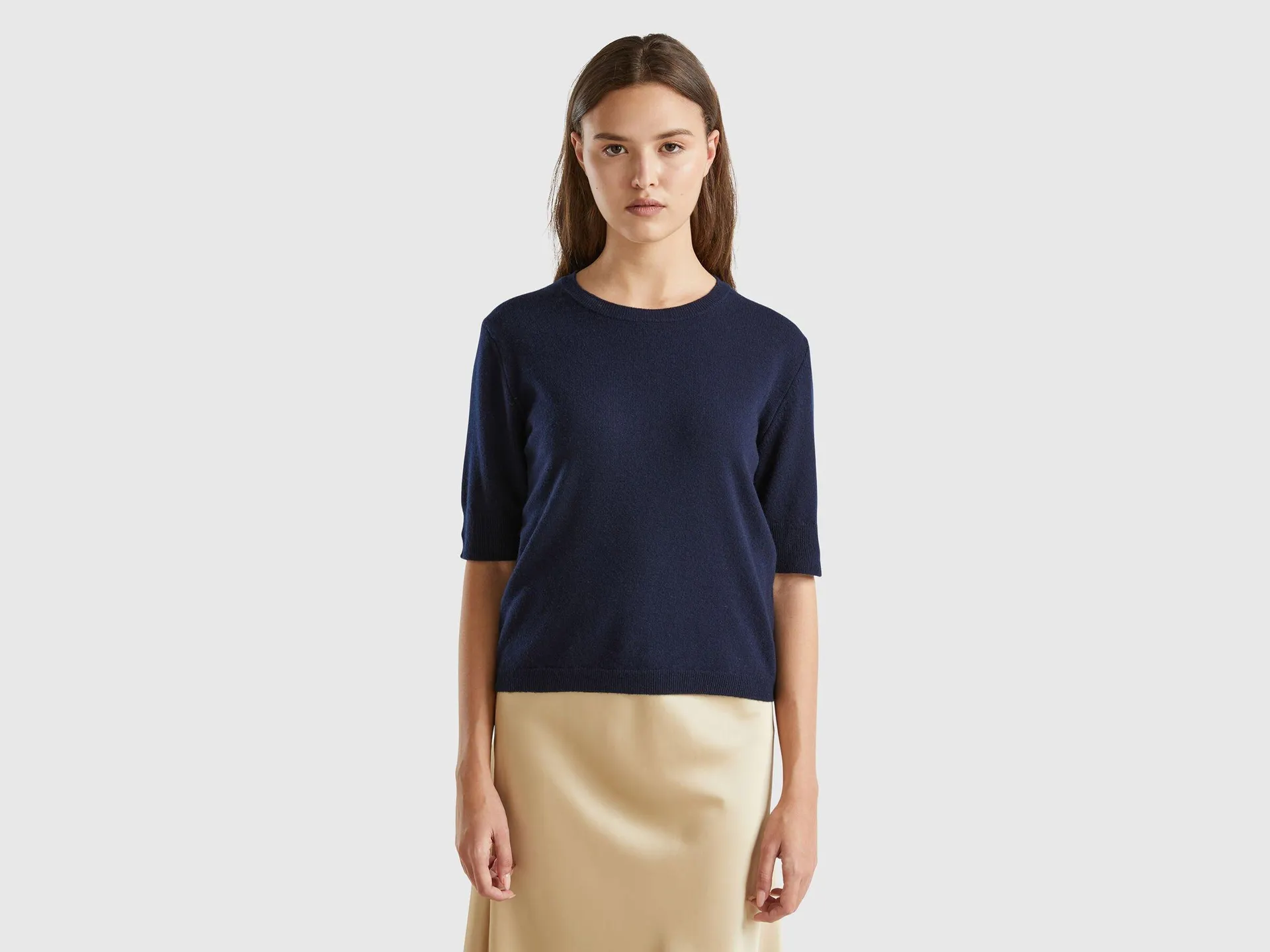 Maglia manica corta blu scuro in pura lana Merino