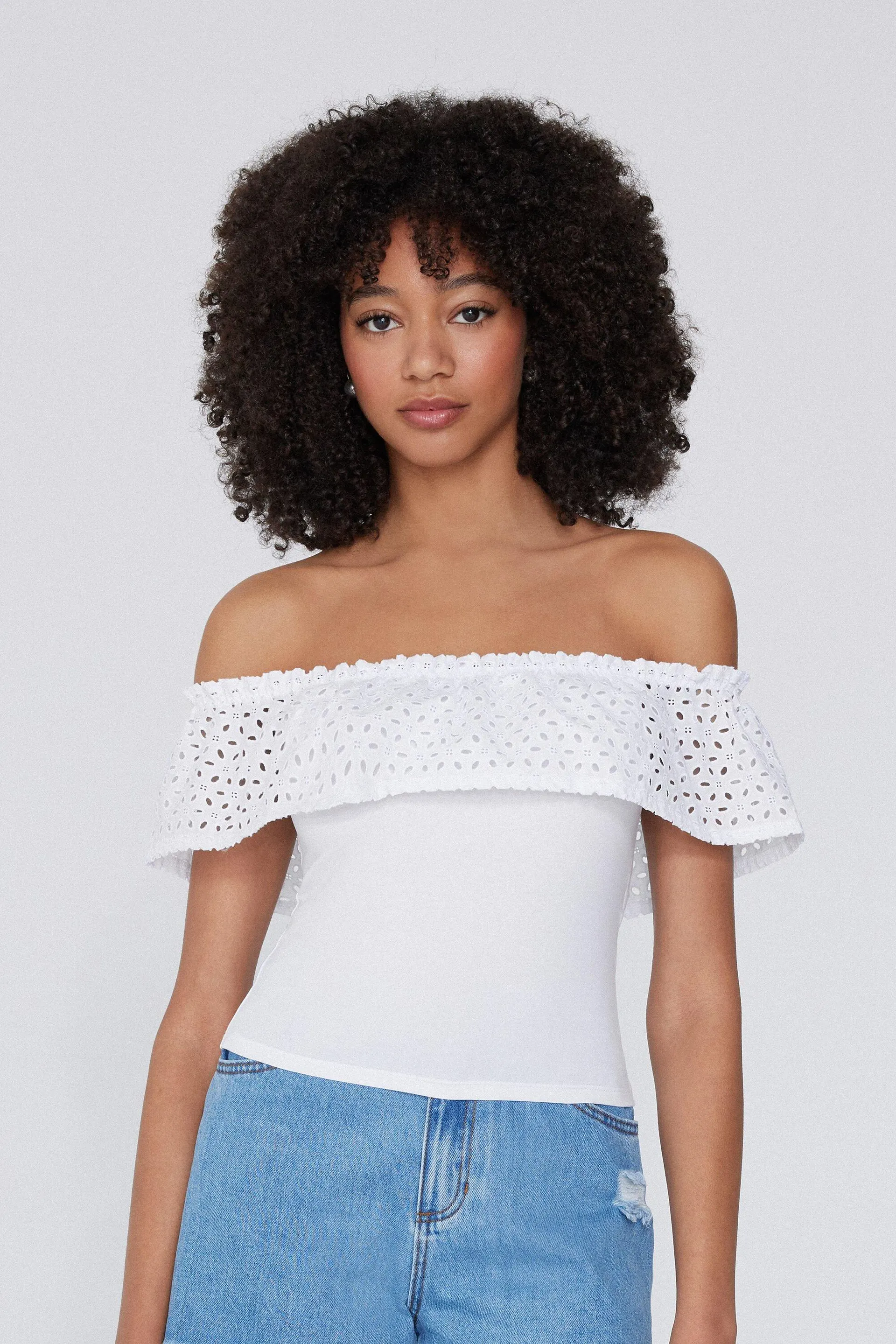 Crop Top a Fascia Cotone Volant Sangallo