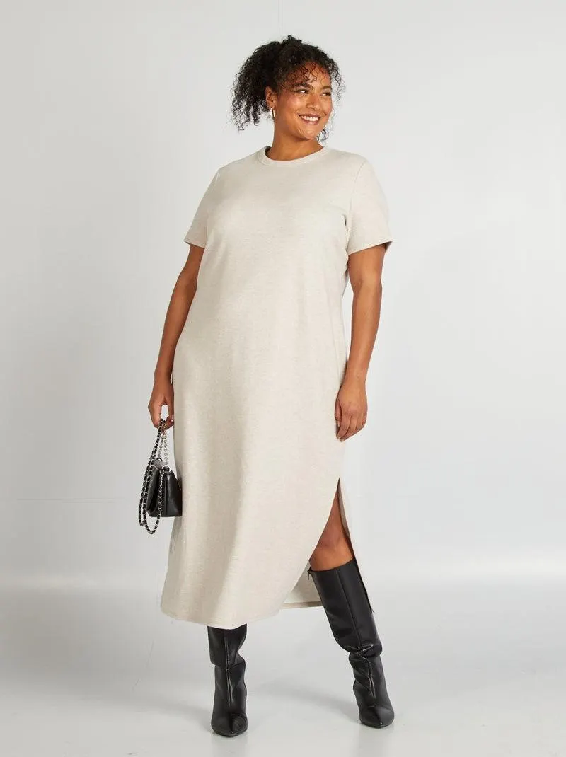 Vestito midi in maglia a coste - BEIGE