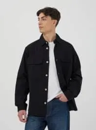 Camicia shacket in twill di cotone tinta unita Nero