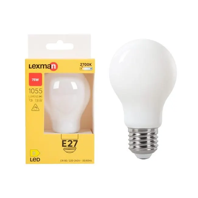 Lampadina LED, E27 goccia, opaco, luce calda, 7.8W= 1055 LM (equiv 75 W), 330° dimmerabile, LEXMAN