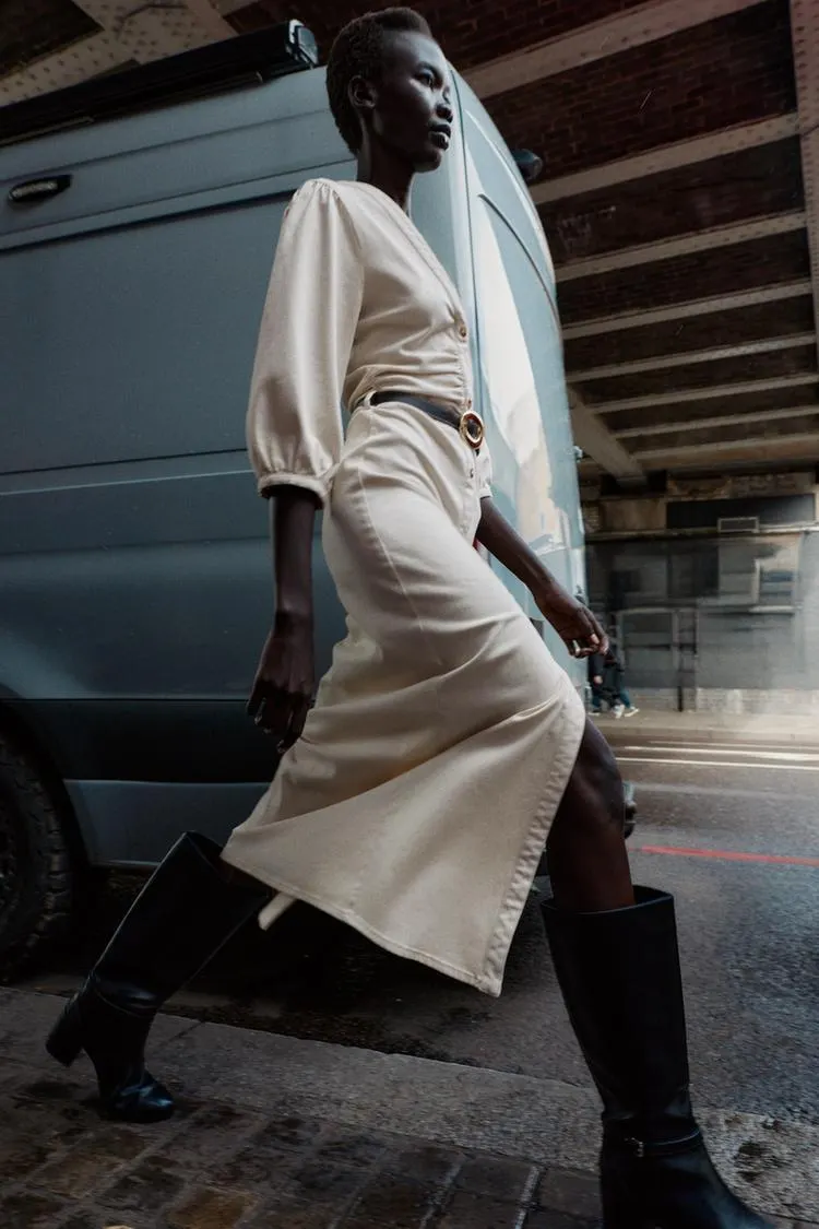 VESTITO MIDI MANICHE A SBUFFO CON CINTURA