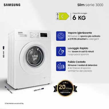 Samsung WW60A3120WE/ET lavatrice slim a caricamento frontale 6 kg Classe C 1200 giri/min, Porta bianca + Panel bianco