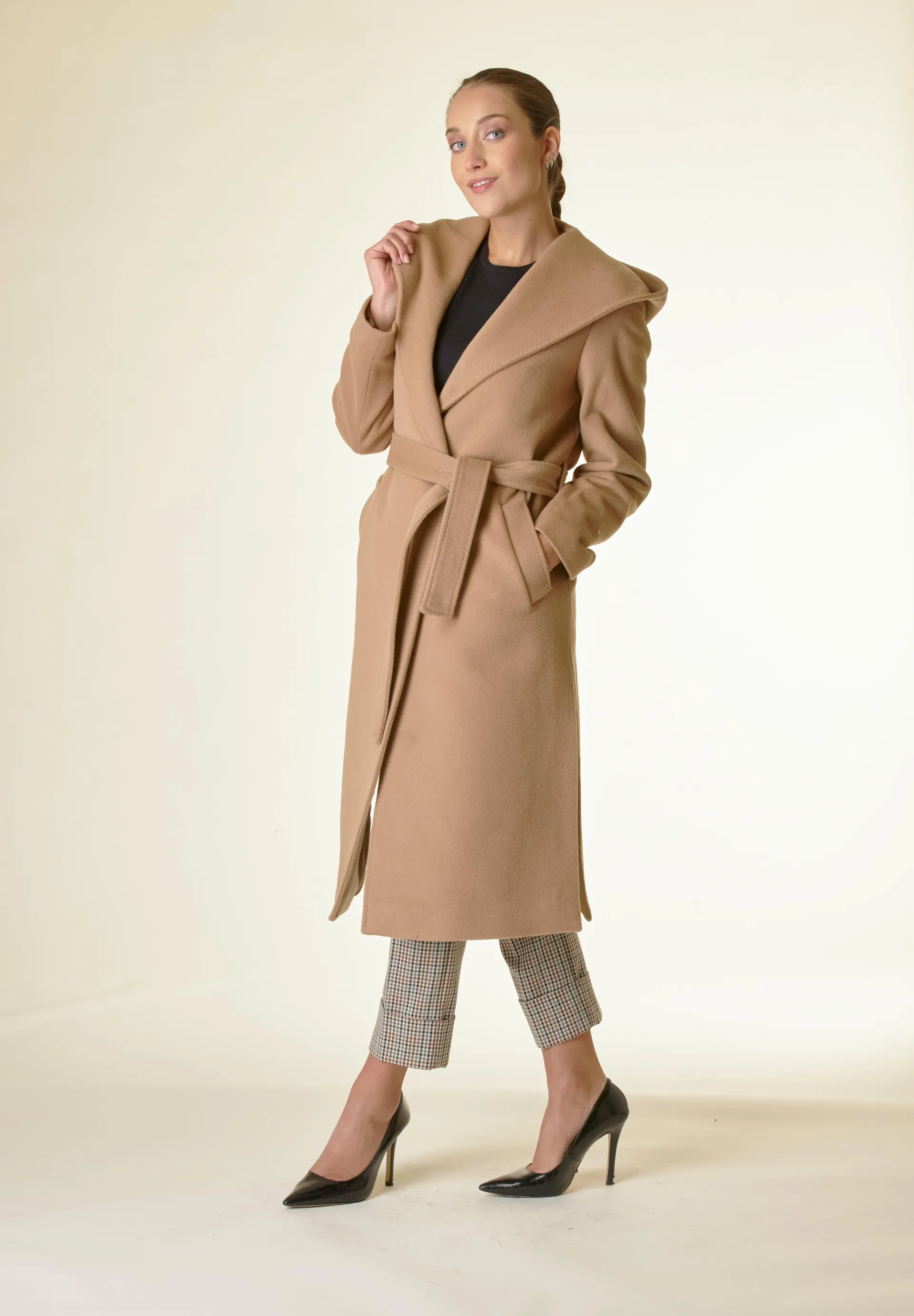 Cappotto cammello lana cashmere cappuccio