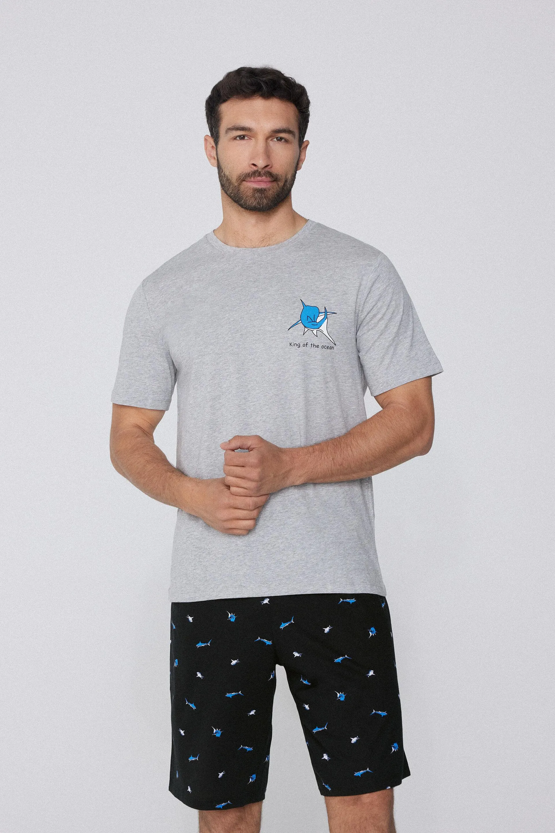 Pigiama Corto in Cotone con Stampa Squali