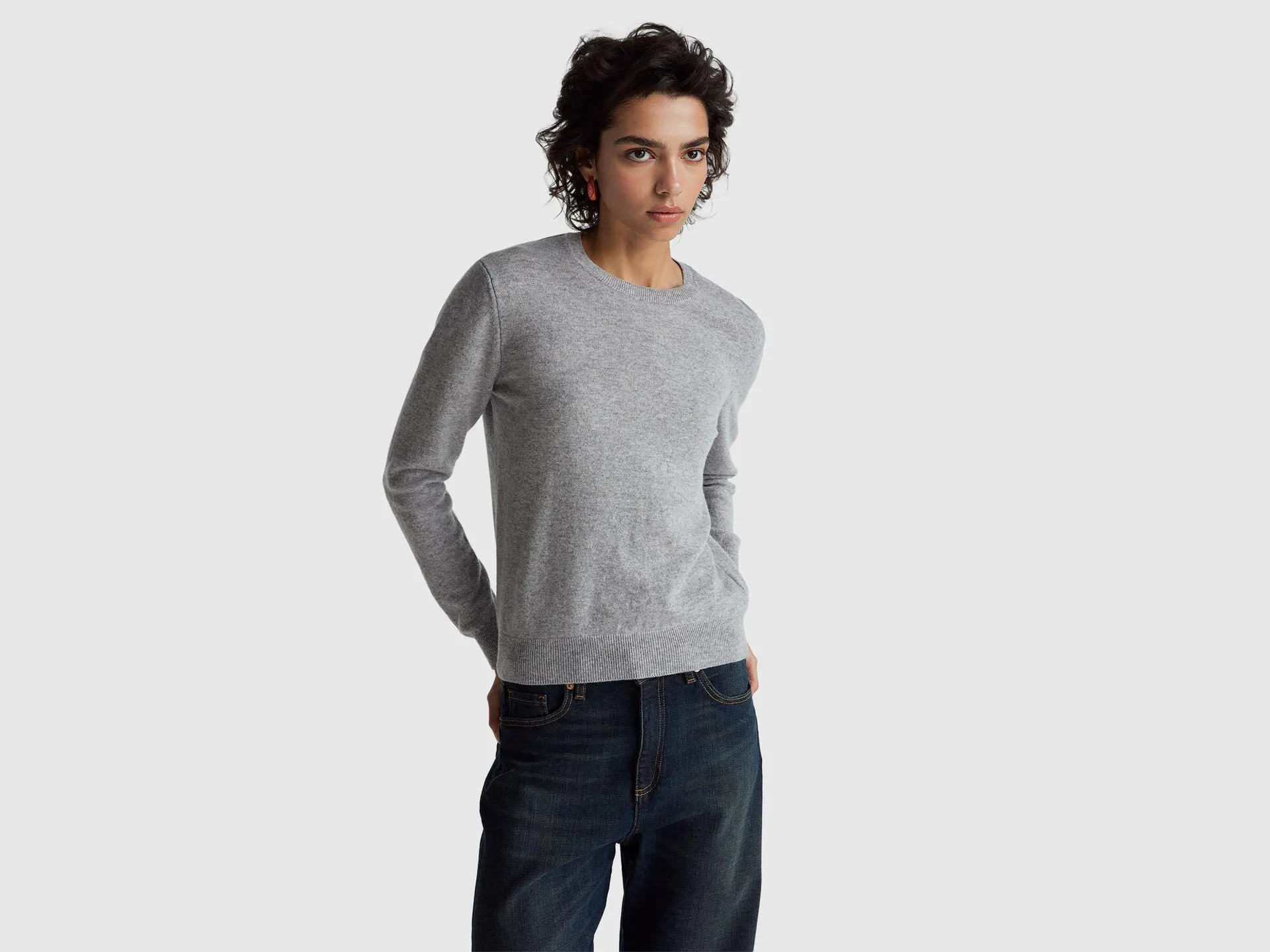 Maglia girocollo grigio mélange in lana Merino